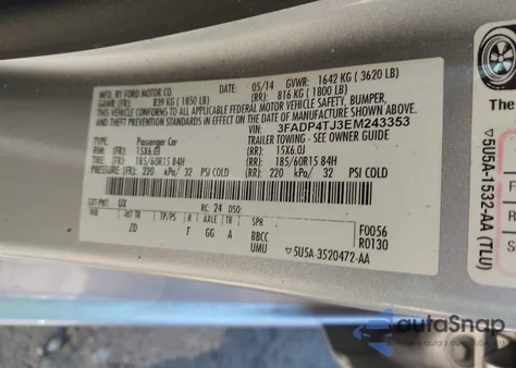 2014 Ford Fiesta S z USA, uszkodzony, nr VIN 3FADP4TJ3EM243353